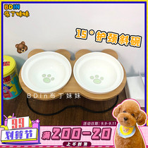 Pudding sister pet ceramic dog bowl oblique mouth dog food basin neck guard high foot anti-knock small dog cat double Bowl
