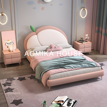 Childrens bed Princess leather bed Modern simple solid wood 1 2m single boy small apartment creative cartoon girl bed