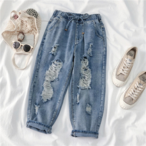 Fat plus size ripped jeans womens summer new thin fat mm loose wide legs elastic waist three-point pants tide