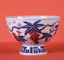 Yu Yin Kiln Yu Guowang made a imitation of Ming blue and white glaze red grape pattern high foot Cup Single Cup (Hua Yixuan)
