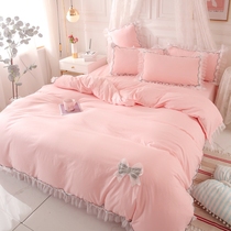  ins butterfly simple modern four-piece set solid color pure cotton skin-friendly washed cotton Princess style Jane love bed sheet duvet cover bed 4