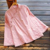 Large size shirt vintage cotton linen collar buckle embroidered top womens 2021 Spring and Autumn New loose Zen tea suit