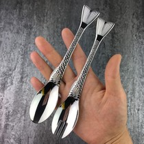 304 stainless steel fishtail eating spoon Creative Western spoon Household long handle mermaid-shaped spoon bibimbap drinking spoon