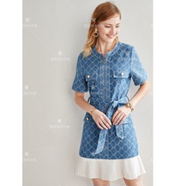 Wenwen fadai sandro dress spring and summer new printing lace-up frilly denim skirt female SFPRO01163