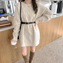 Twist sweater womens white autumn and winter wear thickened loose slack round neck sleeve long thick wool knitted skirt