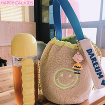 INS Korean style two-color cute lamb hair drawstring smiley face bag children hand cross bag bucket bag