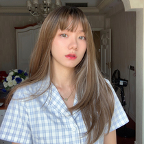 Original design Japan and South Korea INS wind long bangs wig female long straight hair Brown head dyed black highlight dyed gray fashion