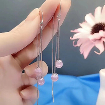 2021 New Korean temperament earrings S925 sterling silver simple fashion pink cats eye stone long tassel EAR thread