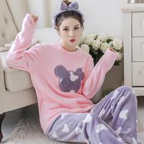 Coral velvet pajamas womens autumn and winter Korean version of thick plush sweet and cute student pullover flannel home suit suit