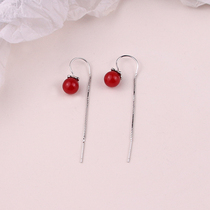 Display Skin White s925 Silver Red Round Pearl Flow Suear Line Female Brief Temperament long Ear Pendant Mesh Red Advanced Sensual Sensual