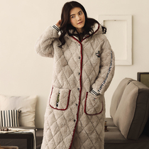 Sleeping Burqa Woman Winter Triple Clip Cotton Plus Suede Thickening Lengthened Coral Suede Winter One-piece Bathrobe Button Pyjamas