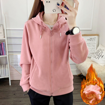 Hooded fleece sweater fleece womens jacket outdoor fleece autumn and winter mountaineering cardigan sports warm embroidery LOGO