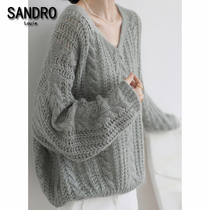 Japanese light luxury lazy wind hollow knitted sweater women autumn and winter New gentle V-neck pullover casual loose sweater women