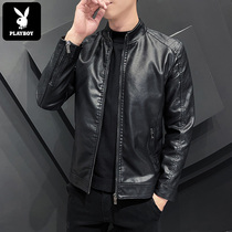 Playboy leather men spring and autumn 2021 New Korean fashion slim stand collar leather jacket motorcycle jacket
