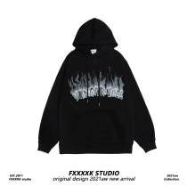 FXK Guochao Hip Hop Flame letters High Street Lianhood Mens and womens lovers Little crowdsourced sweet and cool hoodie jacket