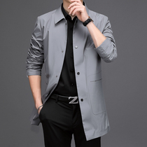 Spring and Autumn new windbreaker men long high-end business mens coat Korean loose lapel jacket coat thin