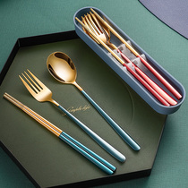 304 stainless steel chopsticks spoon Fork set single portable tableware for one person with three-piece storage box