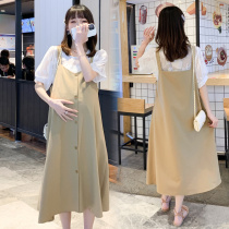 Pregnant women summer suit thin dress temperament age reduction bubble short-sleeved top Hanging sundress large size loose