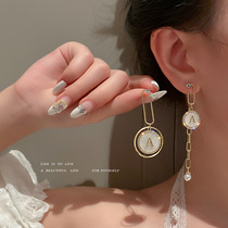 South Korea 925 sterling silver pin Diamond Shell letter A ring ring earrings personality asymmetric earrings long temperament earrings