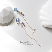 Blue geometric three-in-one grass design natural blue crystal sapphire 14K gold gold bag elegant tassel earrings