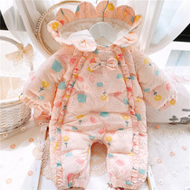 Baby clothes autumn and winter cotton clothes newborn female baby jumpsuit cotton and velvet thick ha clothes full moon out