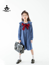 Pawpaw Liu original design girl dress 2022 spring clothing new pint college wind denim shirt dress cotton