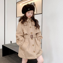 Baby girl 2021 autumn winter clothing British style lapel girl long windbreaker hooded Korean belt foreign air jacket