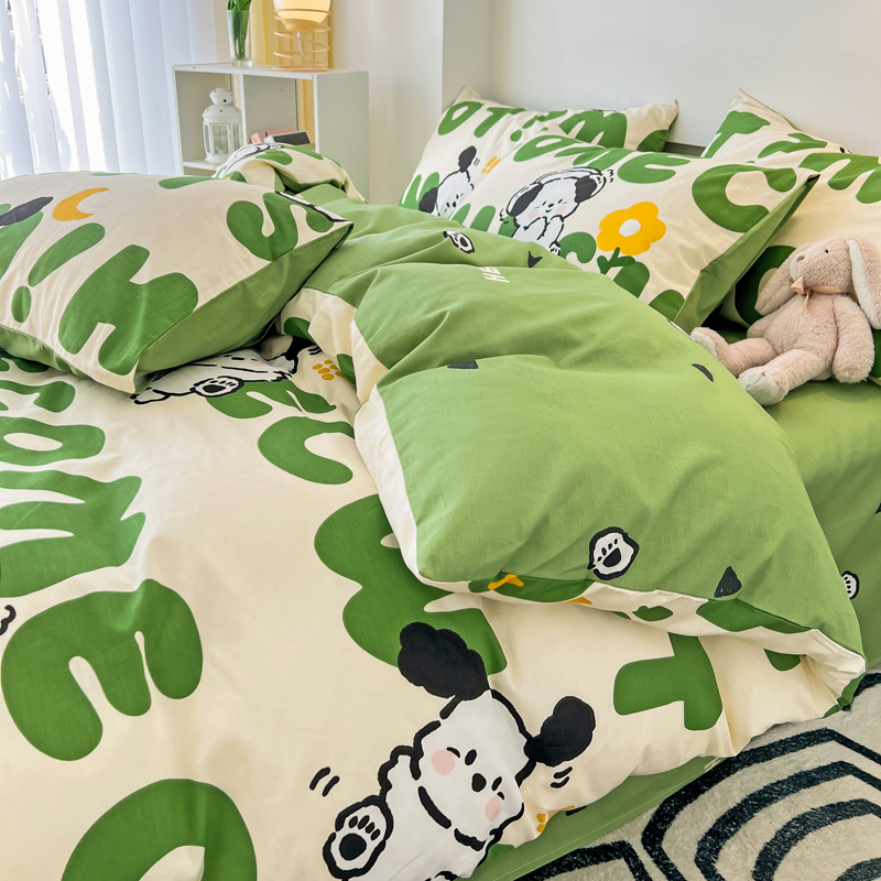 Cute cartoon all cotton bed set of four pieces, 100 pure cotton skin friendly children's quilt set, bed sheet set of three pieces, inset bed products