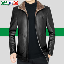 Crocodile mens leather jacket mens fur one winter 2021 new middle-aged plus velvet sheepskin jacket