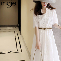Maje Kara2021 new lace floral white casual dress female summer fairy light cooked wind V-neck waist
