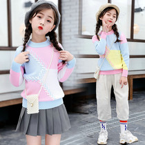 Korean girls  autumn and winter clothes Childrens loose pullover knitwear in the big child foreign style top girls plus fluff clothes tide