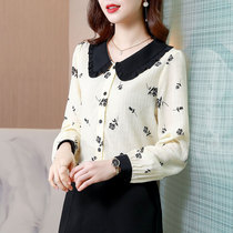 Doll collar chiffon shirt womens long sleeve Autumn New Age reduction fashion beautiful small shirt loose belly print top