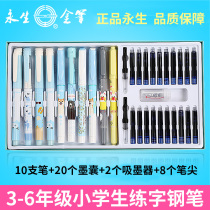 Yongsheng pen 10 sets of third grade primary school students with beginner cartoon positive pen pen practice writing special calligraphy boys and girls 3-6 grade can change ink bag pen gift box set