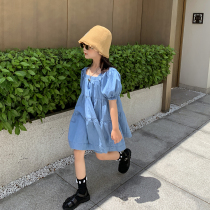 nunubaby fashion brand summer zui beauty girls French bubble sleeve denim dress in large childrens skirt summer