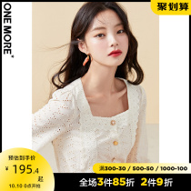 ONE MORE2021 summer new vintage square collar chiffon shirt White Hollow top women