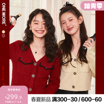 ONEMORE21 autumn winter new small fragrant wind sweater women v collar internal hitch red knit cardiovert jacket short blouse
