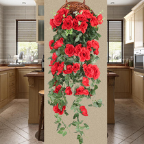 Wall hanging flower simulation rose fake flower rattan indoor living room wall decoration plastic Chlorophytum hanging basket fake flower plant