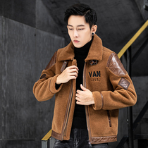 Sheep-cut jacket mens short leather wool one leather leather clothing sheep leather stitching lamb wool winter fur jacket