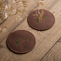 Kung Fu tea set tea ceremony accessories fabric embroidery coaster cup holder tea cup cushion solid wood teapot pot base bamboo insulation
