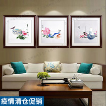 Tianming embroidery Silk Su embroidery finished peony vase hanging painting Living room bedroom triptych blue and white porcelain embroidery painting