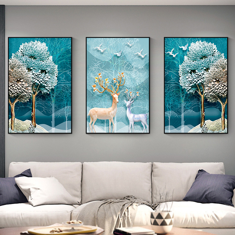 Nordic style decorative paintings modern minimalist wall paintings sitting room mural sofa background wall elk hanging Picture Trilogy