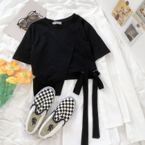 RENA niche Irregular side strap design Round neck slim short short sleeve T-shirt asymmetrical skirt