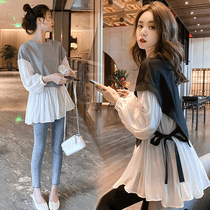 Pregnant Woman Lian Clothing Dress Spring Autumn Season Suit Fashion Net Red New Pregnant Woman Blouse Splicing Snowspinning Display Slim-covered Flesh Spring Clothing