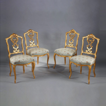 One-horn deer Western antique furniture Louis XV style silk fabric gold lacquered wood carving Hollow back chair set