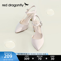 Red Dragonfly Summer Womens Shoes Mesh Red Coarse Mid High Heel Not Tired Foot Single Shoes Matching Dresses Genuine Leather Sandals WFV9052