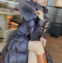 Romantic purple age temperament goose down knee fashion big fox fur collar waist thick long down jacket