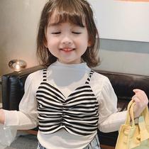 Girls long sleeve T-shirt real two-piece set 2021 spring new Korean baby Foreign style jacket set base shirt