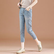 Seven points embroidered hole jeans womens 2021 summer thin loose thin hot diamond size eight harem harem pants