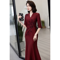 High-end grandmother wedding dress long sleeve red wedding Young Mommy temperament winter evening dress fish tail