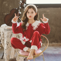 Girls pajamas childrens spring and autumn long-sleeved cotton thin Chinese childrens autumn little girl princess home clothing suit